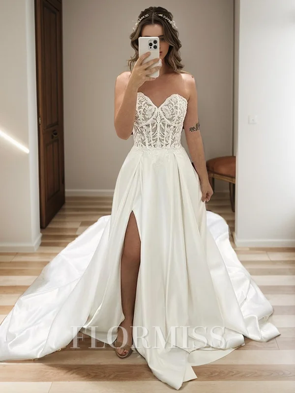 A-line Sweetheart Appliques Lace Cathedral Train Satin Corset Wedding Dress