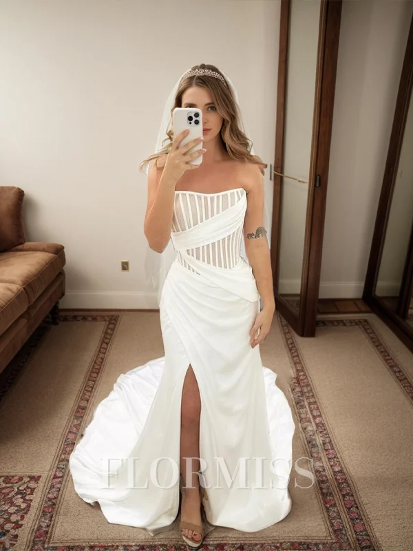 Sheath Straight Pleated Cathedral Train Corset Wedding Dress