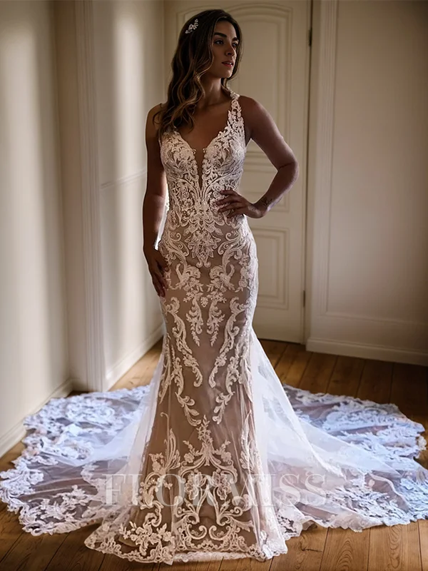 Sheath V-neck Appliques Lace Cathedral Train Lace Wedding Dress