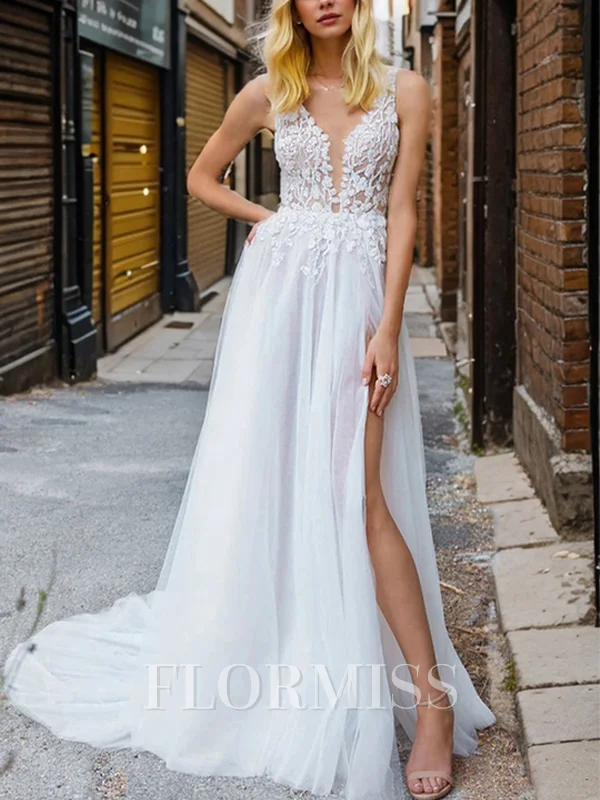 A-line V-neck Appliques Lace Cathedral Train Tulle Wedding Dress