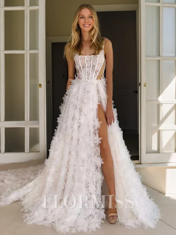 A-line Square Flower Cathedral Train Corset Wedding Dress