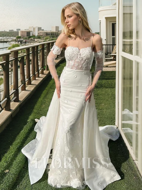 Sheath Spaghetti Straps Long Sleeves Appliques Lace Chapel Train Tulle Wedding Dress