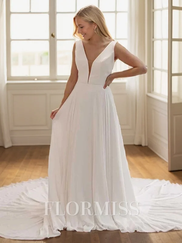 A-line V-neck Appliques Lace Chapel Train Chiffon Wedding Dress