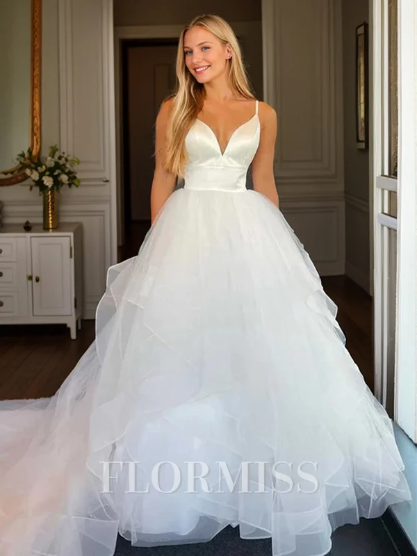 A-line V-neck Chapel Train Tulle Wedding Dress