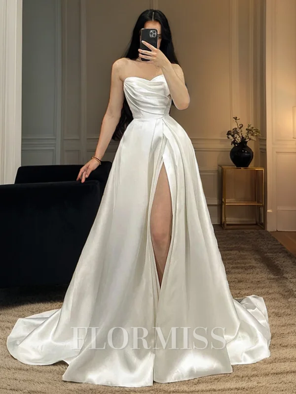 A-line Straight Pleated Court Train Satin Wedding Dress