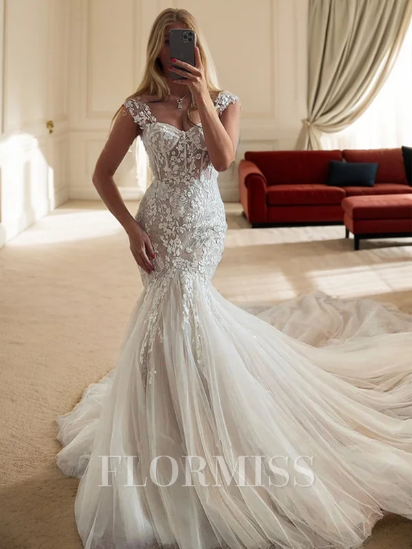 Mermaid Straps Appliques Lace Cathedral Train Tulle Corset Wedding Dress