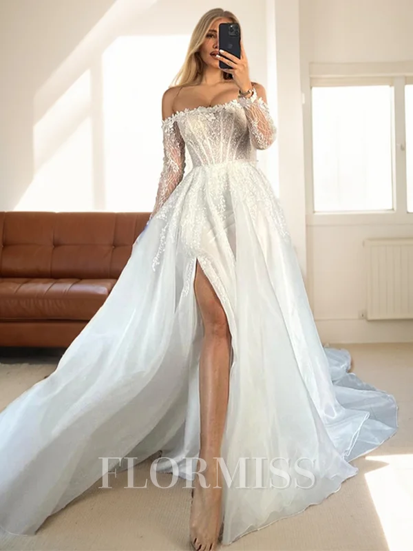A-line Off-the-Shoulder Long Sleeves Appliques Lace Cathedral Train Organza Corset Wedding Dress