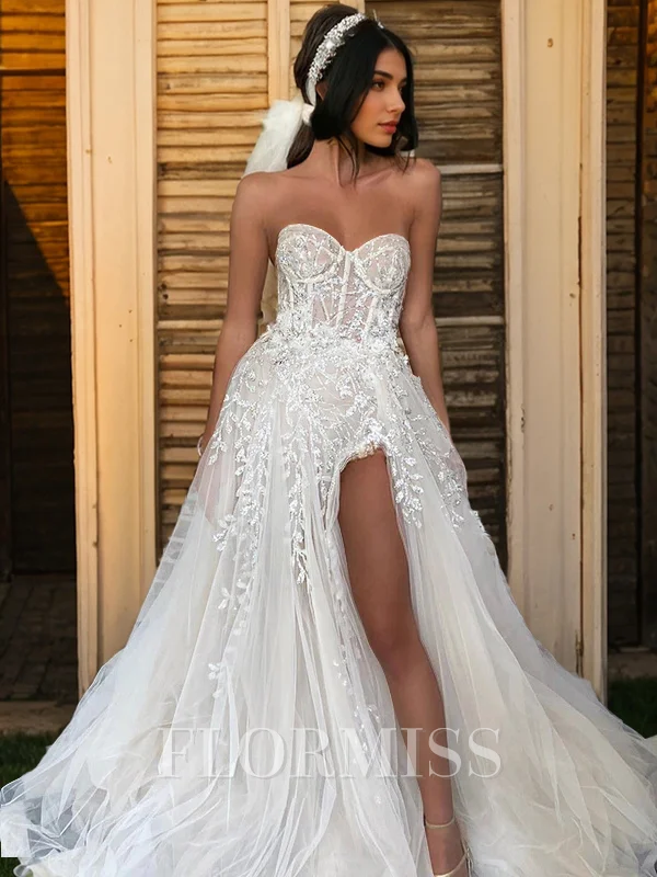 A-line Sweetheart Appliques Lace Sweep Train Tulle Corset Wedding Dress