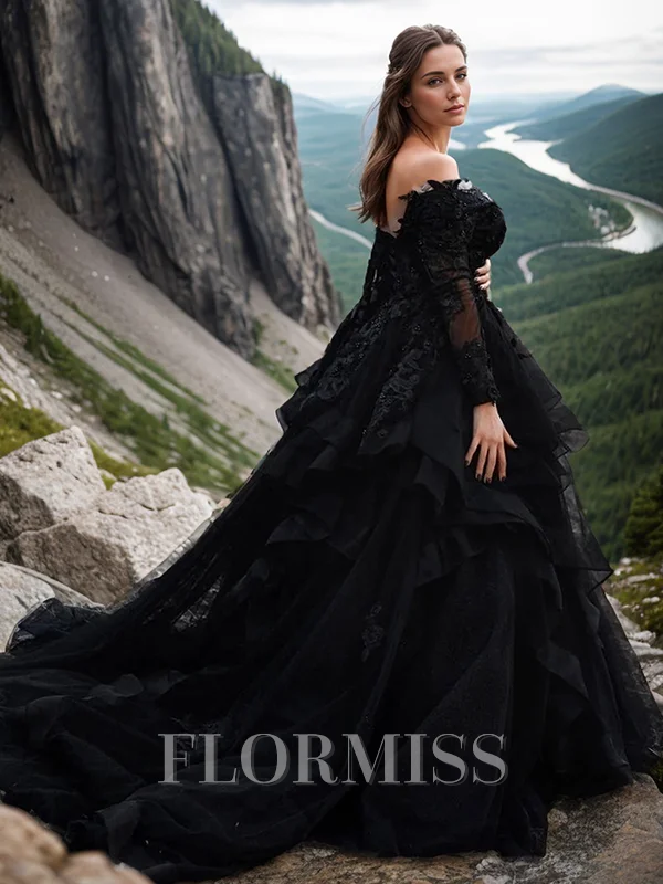 Ball-Gown V-neck Chapel Train Tulle Long Sleeves Crossed Straps Wedding Dresses