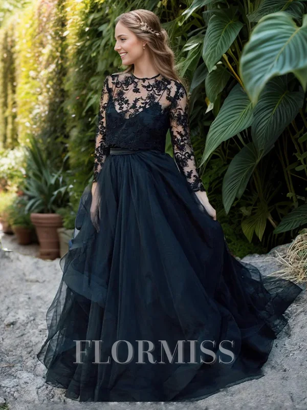 Ball-Gown Bateau Sweep Train Tulle Long Sleeves Back Zip Wedding Dresses