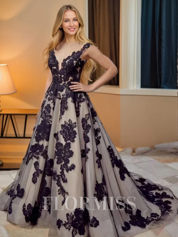 Ball-Gown V-neck Court Train Lace Sleeveless Low Back Wedding Dresses