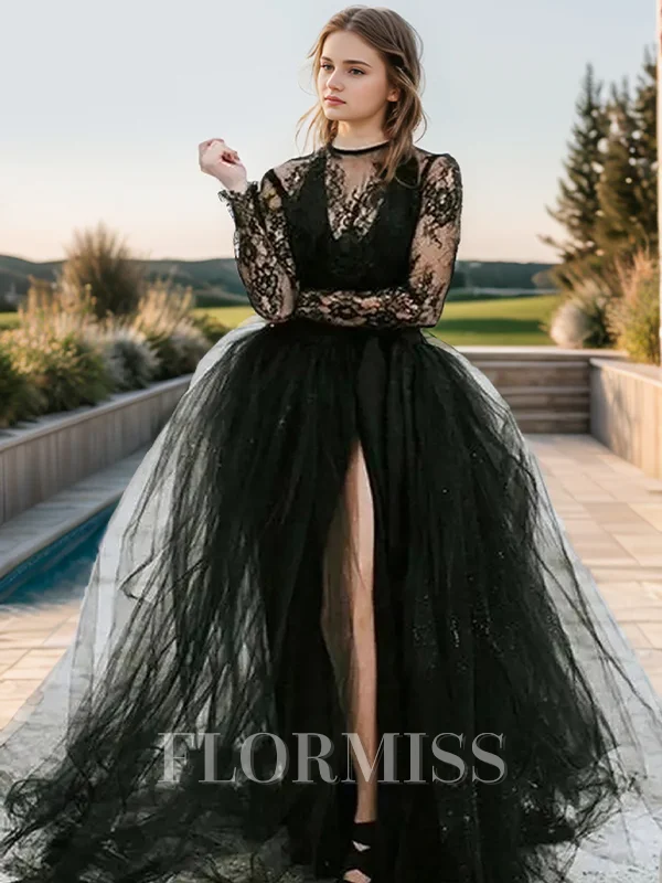 Ball-Gown Bateau Court Train Tulle Long Sleeves Bow/Tie Back Wedding Dresses