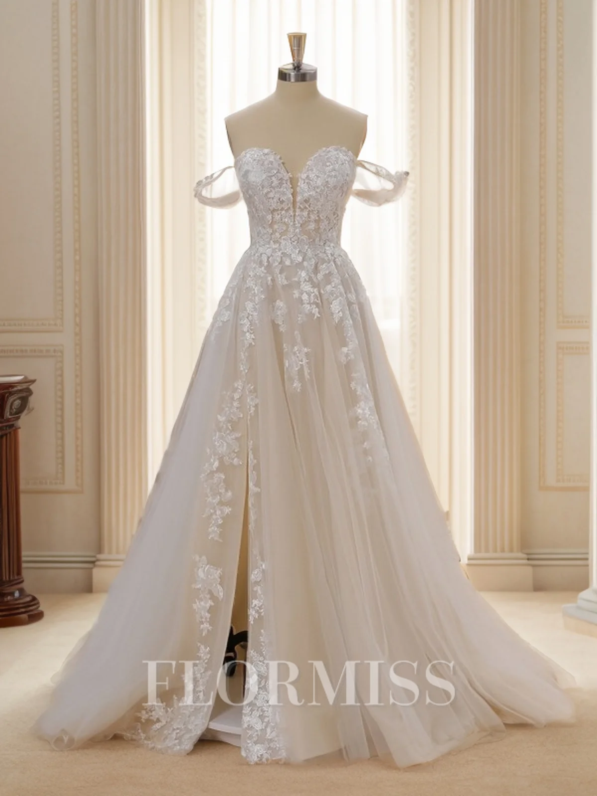 A-line Tulle Off-the-Shoulder Appliques Lace Chapel Train Wedding Dress