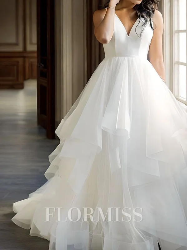 A-line V-neck Cascading Ruffles Court Train Tulle Wedding Dress