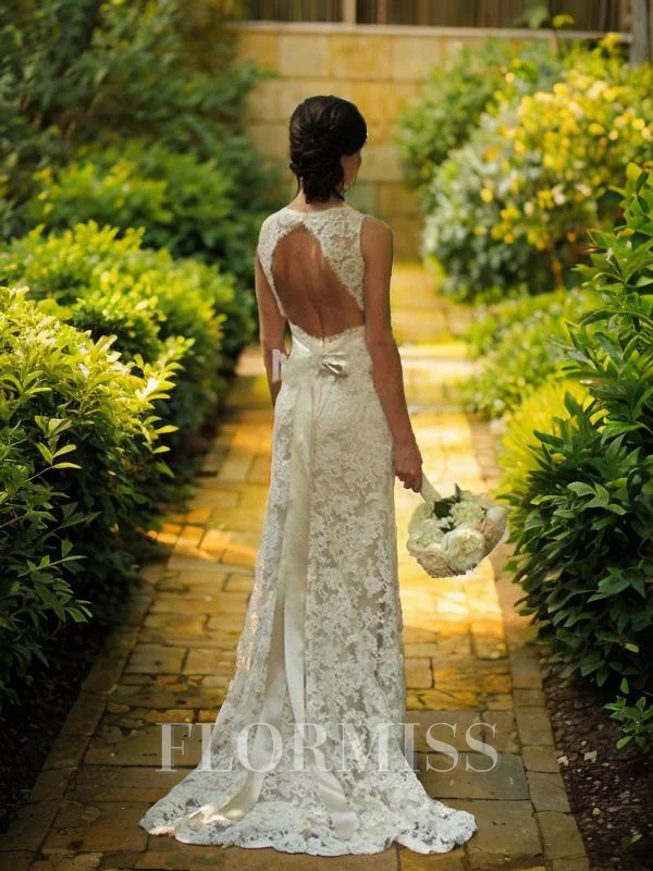 Sheath/Column V-neck Court Train Lace Wedding Dresses With Belt/Sash