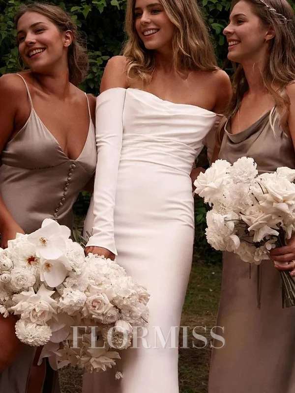 Sheath Off-the-Shoulder Long Sleeves Pleated Court Train Stretch Crepe Wedding Dress