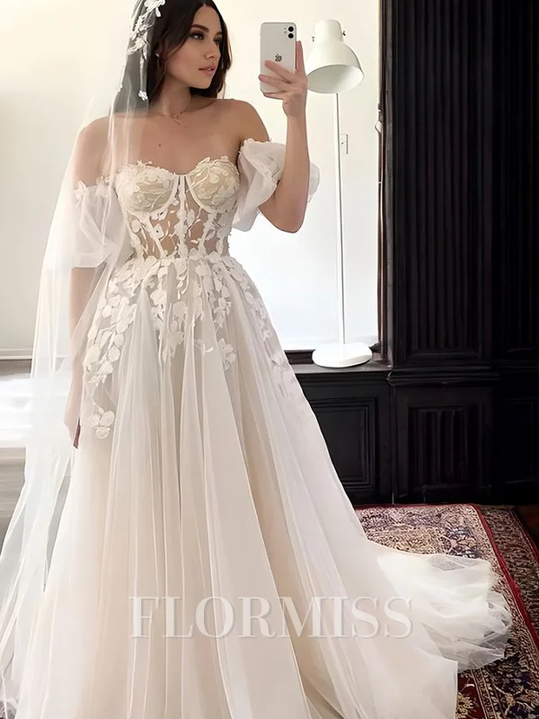 A-line Sweetheart Short Sleeves Appliques Lace Court Train Tulle Corset Wedding Dress