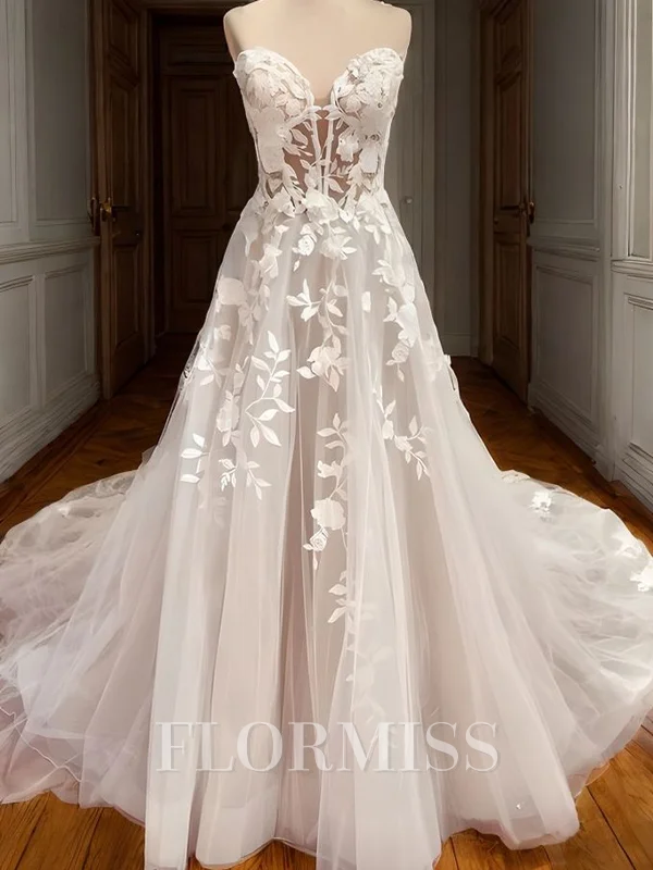 A-line Sweetheart Appliques Lace Cathedral Train Tulle Corset Wedding Dress