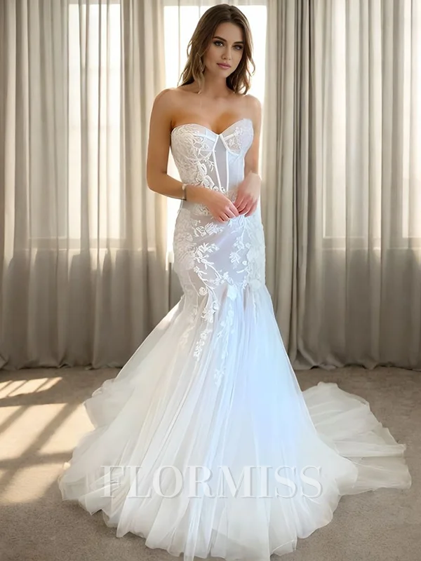Sheath Sweetheart Appliques Lace Chapel Train Tulle Corset Wedding Dress