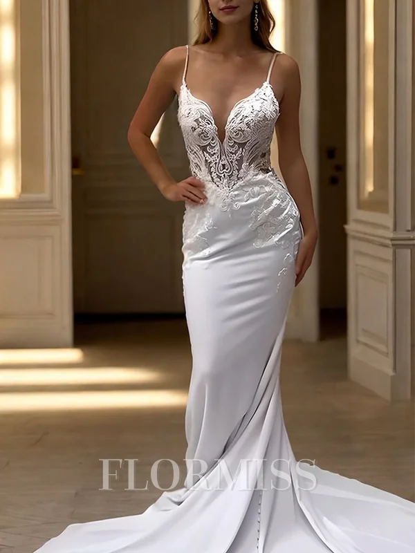 Sheath V-neck Appliques Lace Cathedral Train Stretch Crepe Wedding Dress