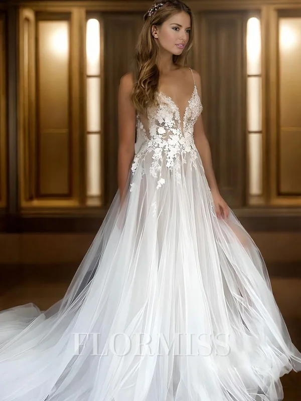A-line V-neck Appliques Lace Chapel Train Tulle Wedding Dress