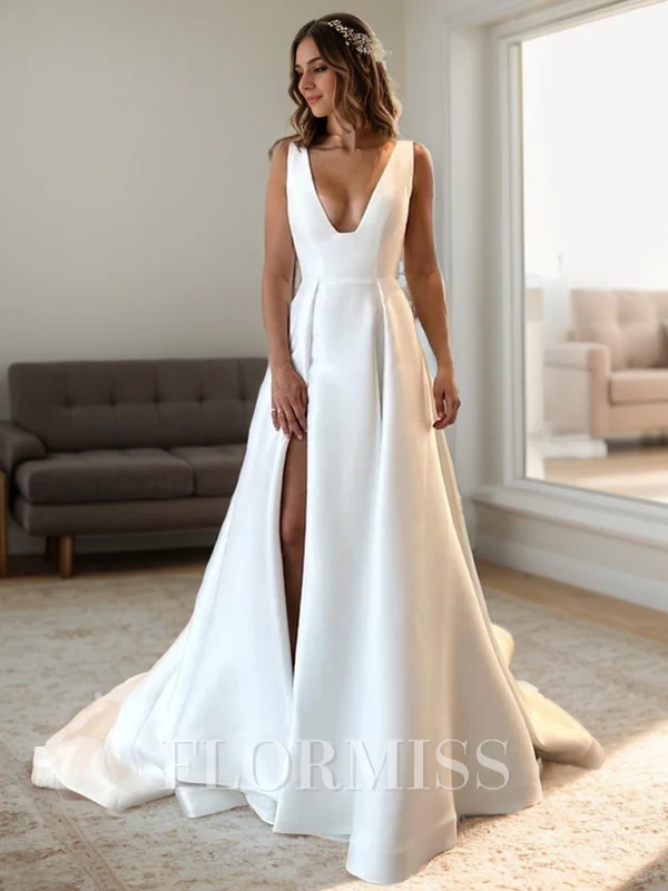 A-line V-neck Court Train Satin Wedding Dress
