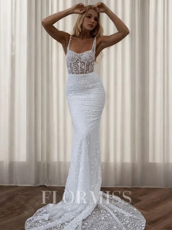 Sheath Square Appliques Lace Cathedral Train Lace Corset Wedding Dress