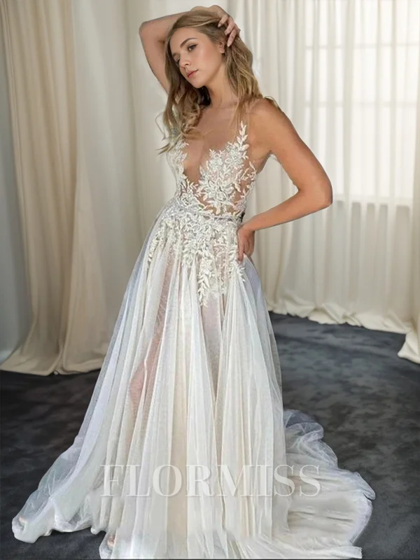 A-line Appliques Lace Court Train Tulle Wedding Dress