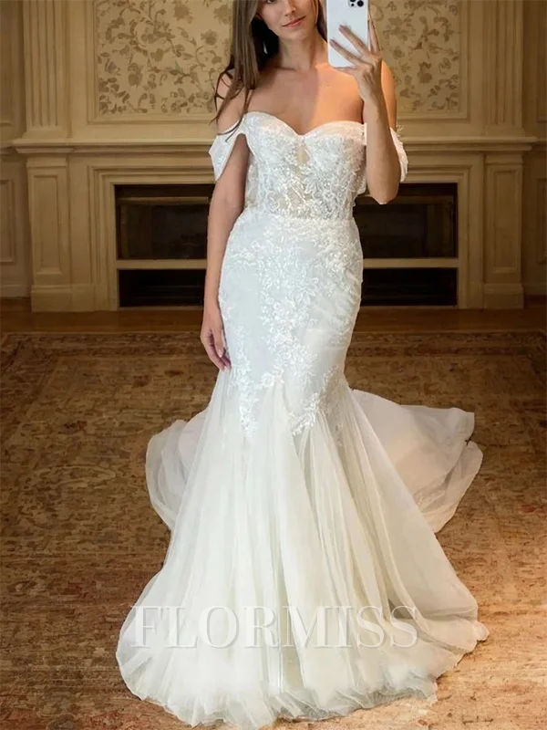 Sheath Off-the-Shoulder Appliques Lace Chapel Train Tulle Wedding Dress