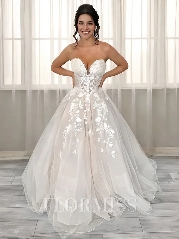 A-line Sweetheart Appliques Lace Chapel Train Tulle Corset Wedding Dress