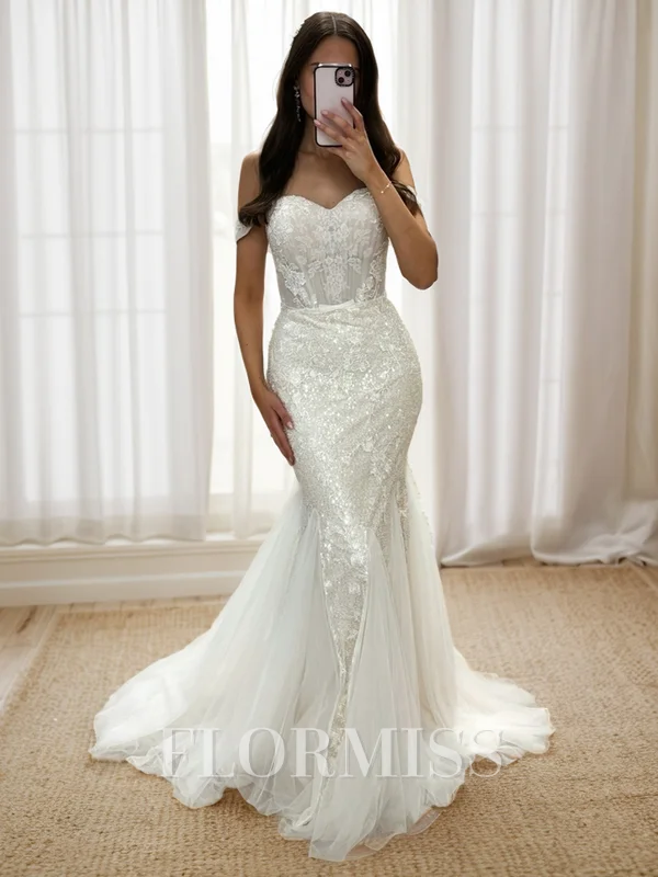 Sheath Off-the-Shoulder Appliques Lace Sweep Train Sequins Wedding Dress