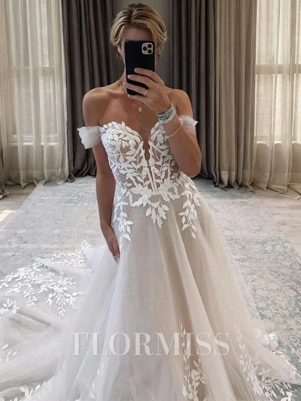 A-line Sweetheart Appliques Lace Chapel Train Tulle Corset Wedding Dress
