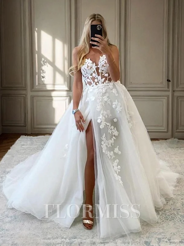A-line Sweetheart Appliques Lace Chapel Train Tulle Corset Wedding Dress