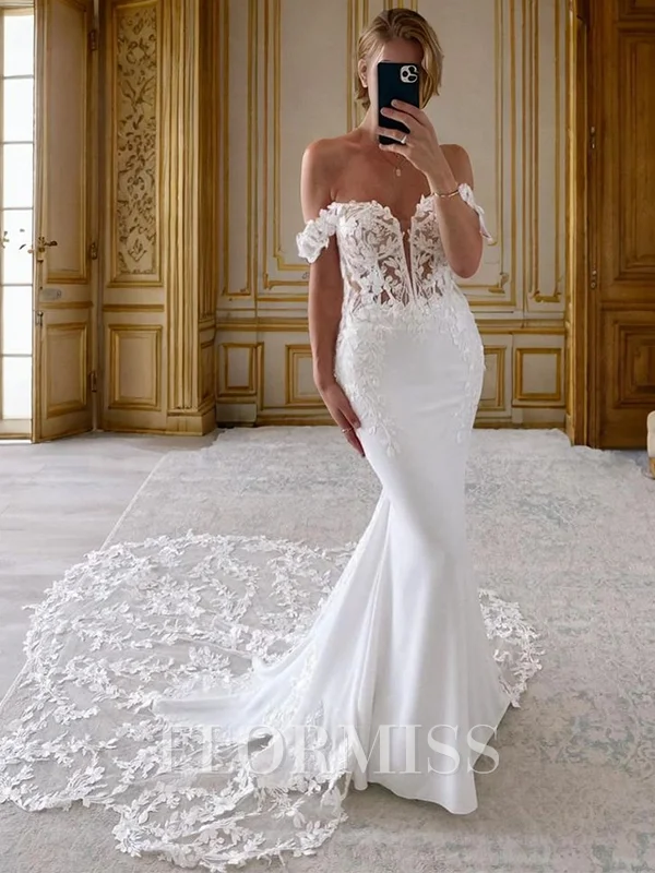 Mermaid Off-the-Shoulder Appliques Lace Cathedral Train Stretch Crepe Corset Wedding Dress