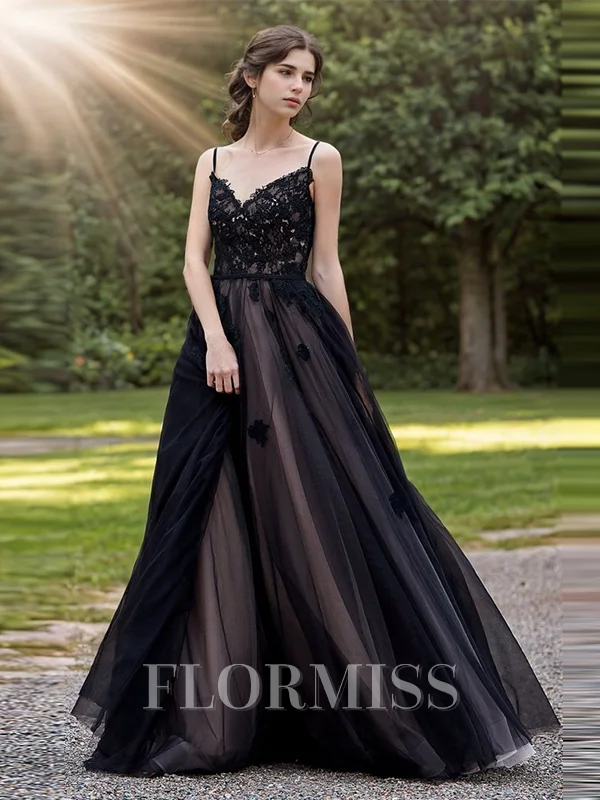 A-line V-neck Appliques Lace Sweep Train Tulle Wedding Dress