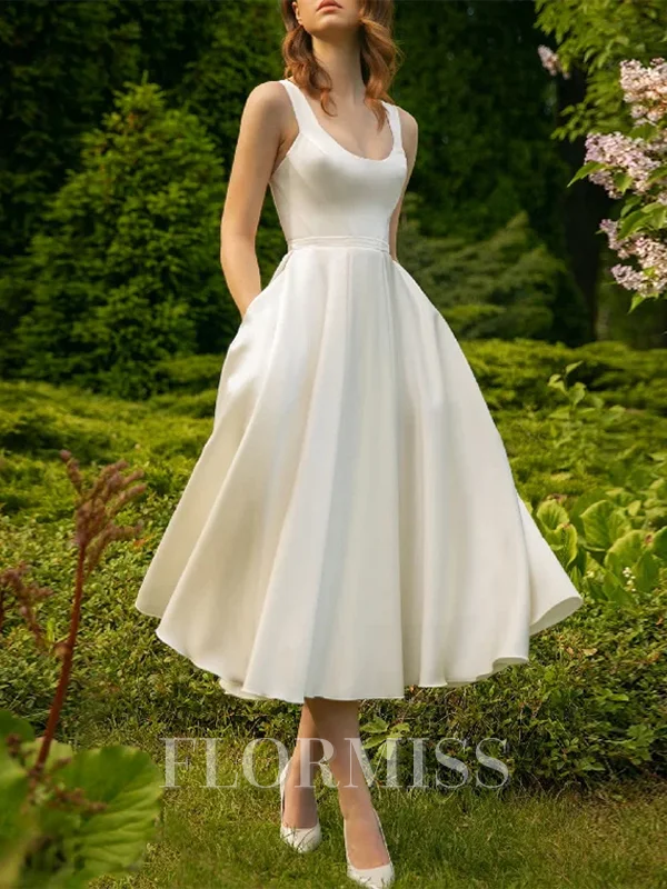 A-line Straps Tea-Length Satin Wedding Dress