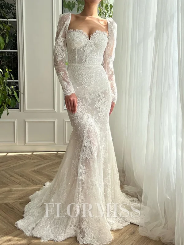 Sheath/Column Lace Sweetheart Long Sleeves Court Train Wedding Dress