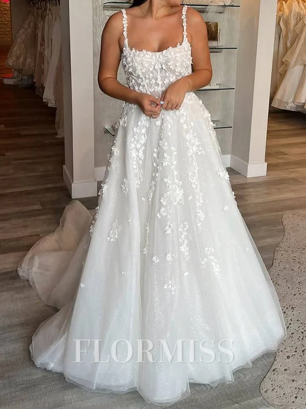 A-line/Princess Tulle Square Sleeveless Cathedral Train Wedding Dress