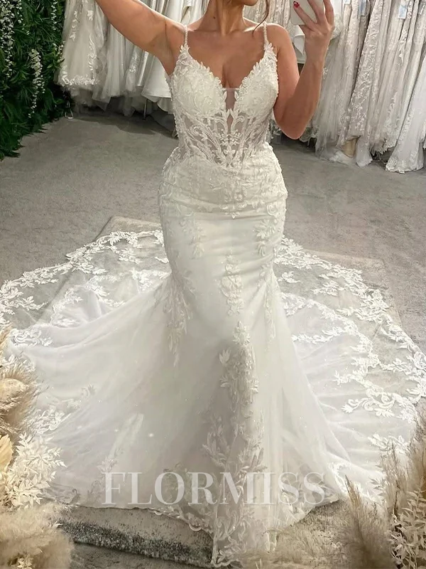 Trumpet/Mermaid Tulle V-neck Sleeveless Cathedral Train Wedding Dress