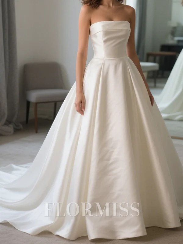 Ball-Gown Straight Pleated Chapel Train Satin Corset Wedding Dress