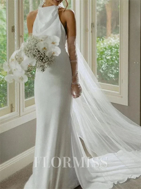 Sheath Halter Court Train Satin Chiffon Wedding Dress