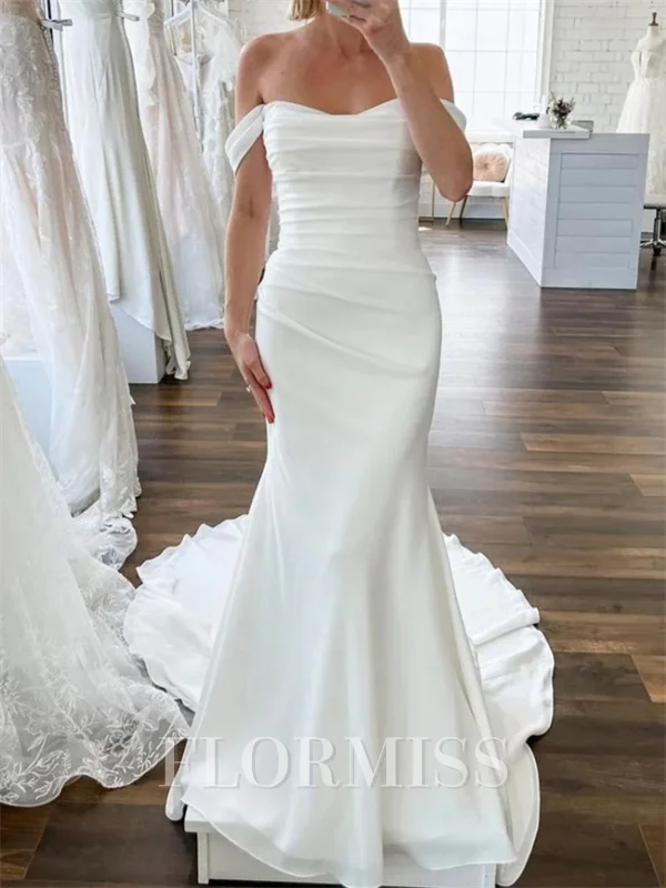 Sheath Off-the-Shoulder Pleated Chapel Train Chiffon Corset Wedding Dress