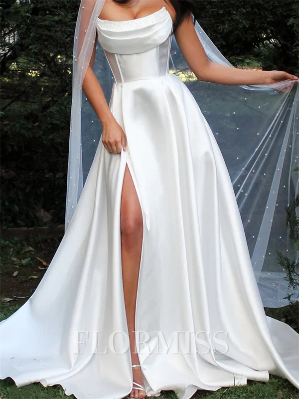 A-line Straight Pleated Court Train Satin Corset Wedding Dress