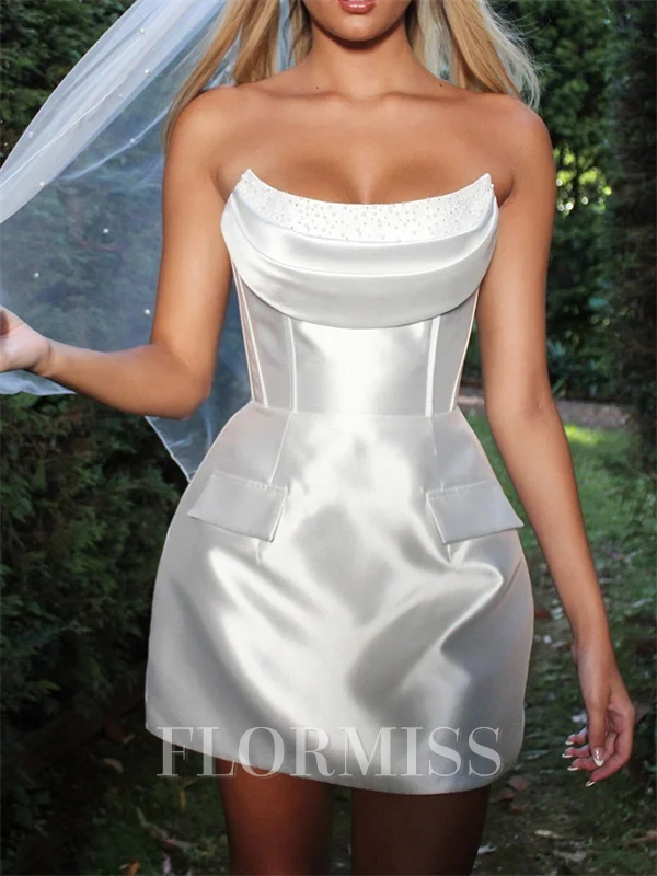 Sheath Straight Pleated Short/Mini Satin Corset Wedding Dress