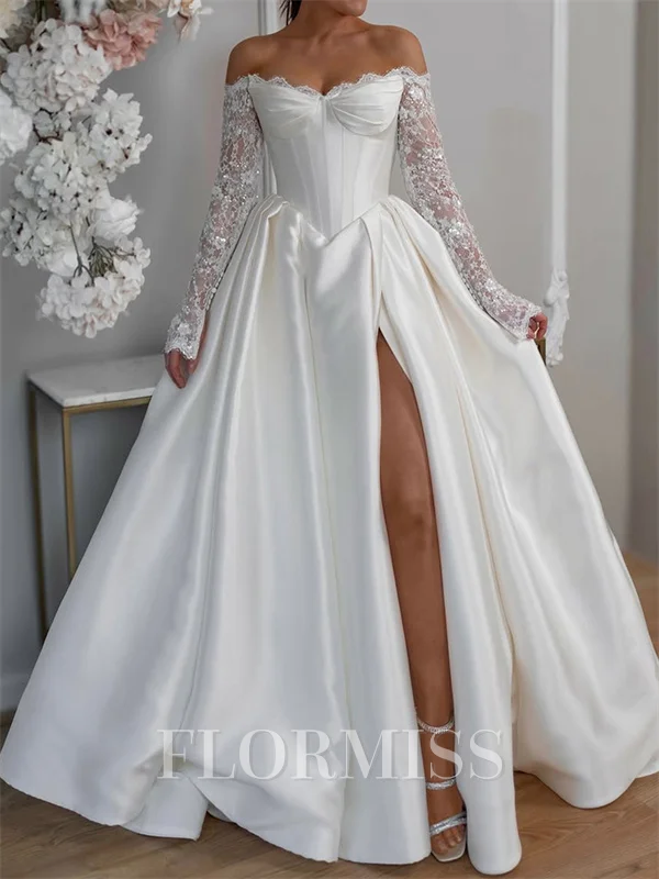 A-line Off-the-Shoulder Long Sleeves Appliques Lace Floor-Length Satin Corset Wedding Dress