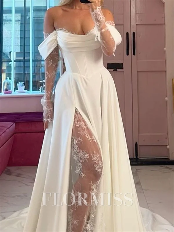 A-line Off-the-Shoulder Long Sleeves Appliques Lace Chapel Train Stretch Crepe Corset Wedding Dress