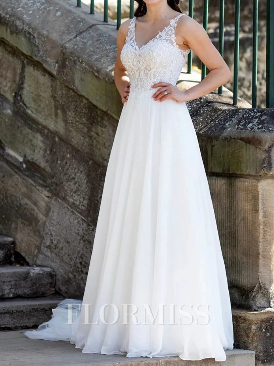 A-line V-neck Appliques Lace Sweep Train Chiffon Wedding Dress