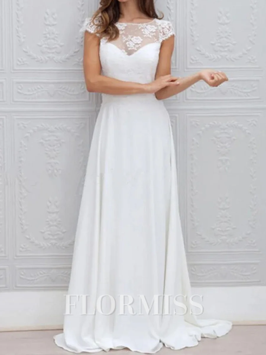 A-line Scoop Short Sleeves Appliques Lace Sweep Train Chiffon Corset Wedding Dress