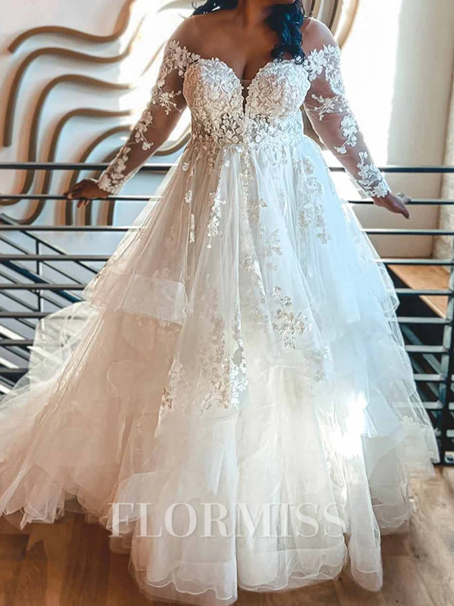 A-line Off-the-Shoulder Long Sleeves Appliques Lace Floor-Length Tulle Corset Wedding Dress