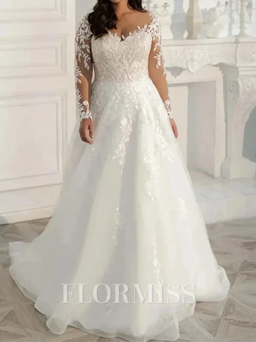 A-line Sweetheart Long Sleeves Appliques Lace Sweep Train Tulle Corset Wedding Dress
